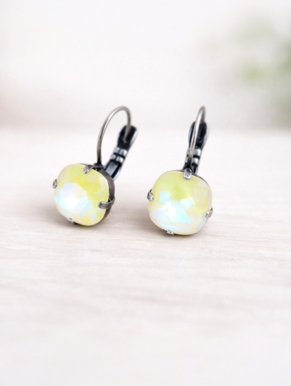 Antique Silver Lever Back Drop Earrings with Light Yellow Crystals - Handcrafted